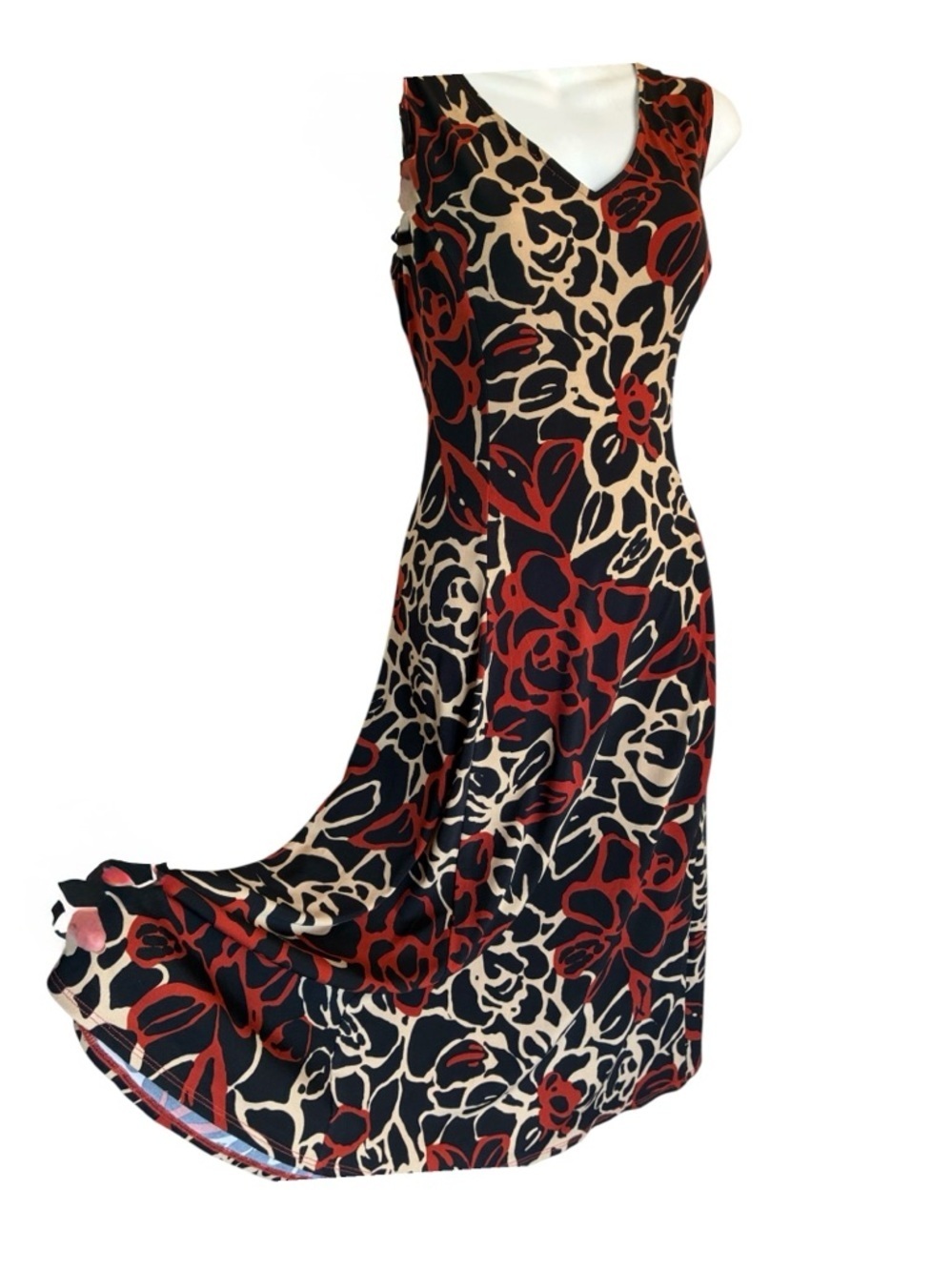Julian Taylor dress, Women's, 12, red tan black, big abstract roses, a-line. EUC